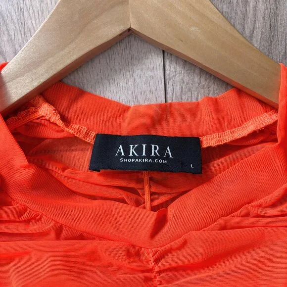 AKIRA Rory Ruched Mesh Asymmetrical Short Sleeve T-shirt Orange Womens Large Y2K - Picture 3 of 14